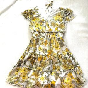 Indulge Yellow/Green Floral Mini Dress~ Ruffled~ Tie Back- Lined Size M
